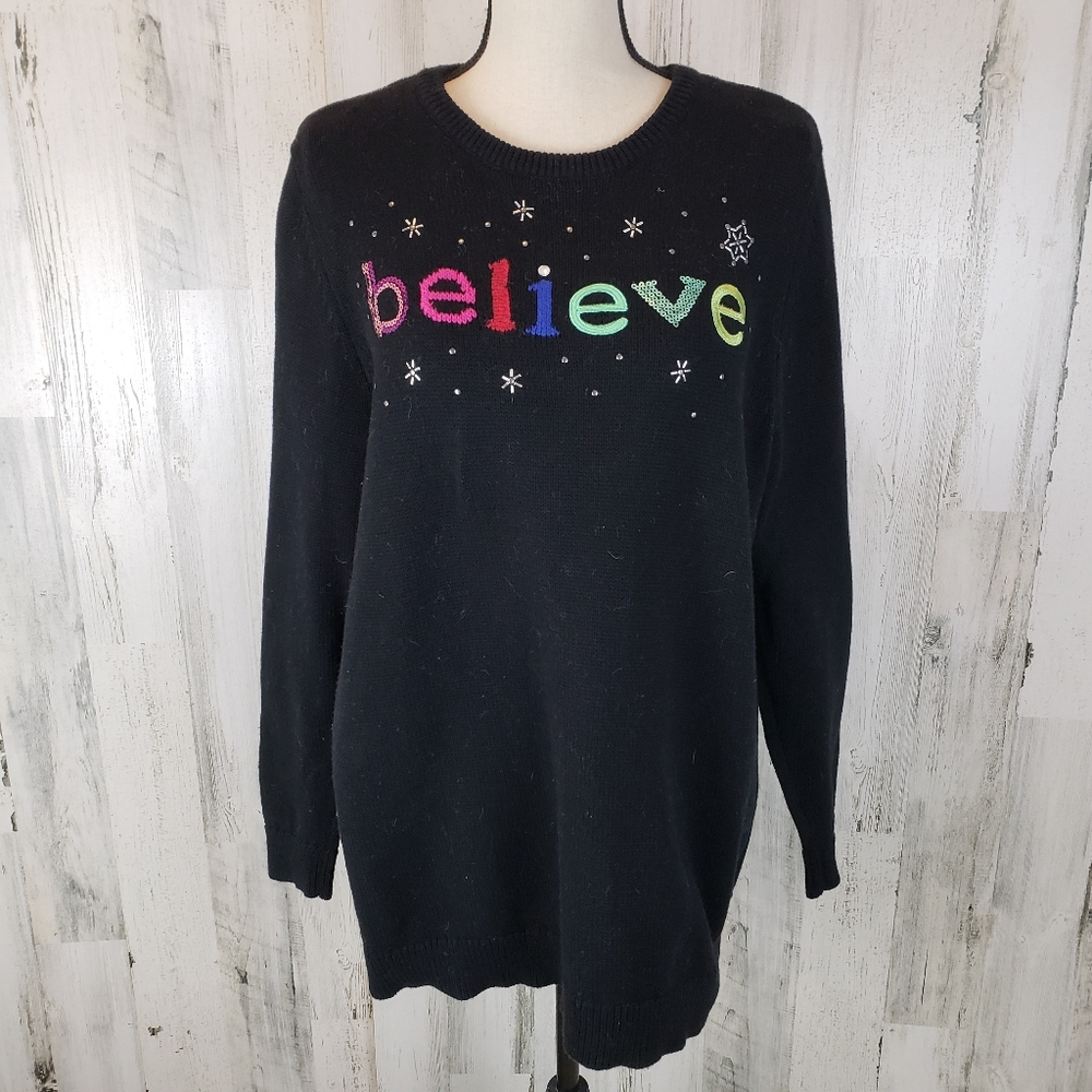 CJ Banks Black Sweater with 'Believe' Size 2X
